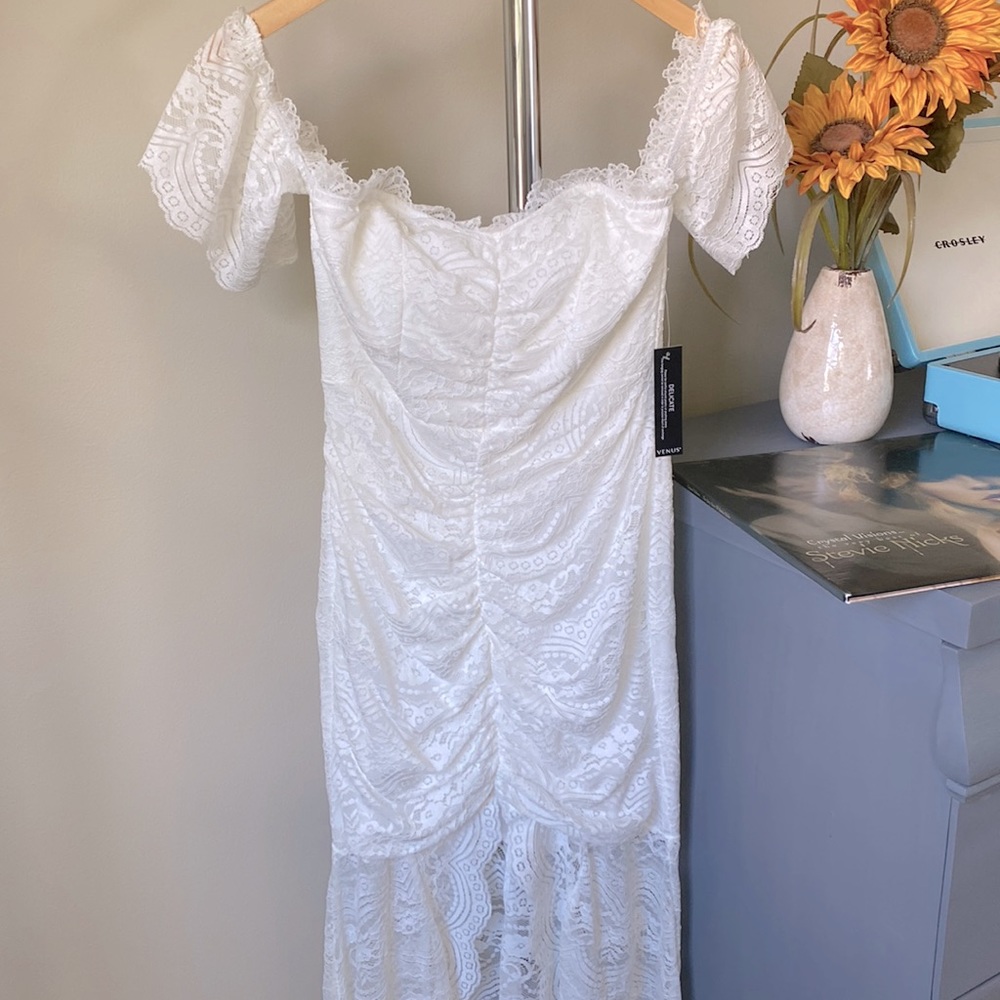 NWT VENUS LACE OFF THE SHOULDER BODYCON HIGH LOW DRESS